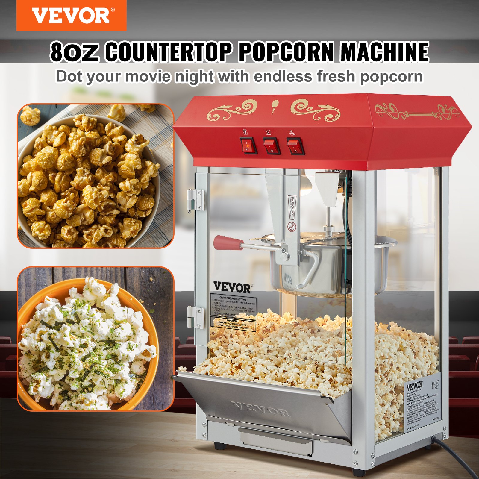 Máquina para hacer palomitas de maíz VEVOR, modelo de encimera de 8 oz, con tazones para palomitas de maíz con caramelo y hierbas.