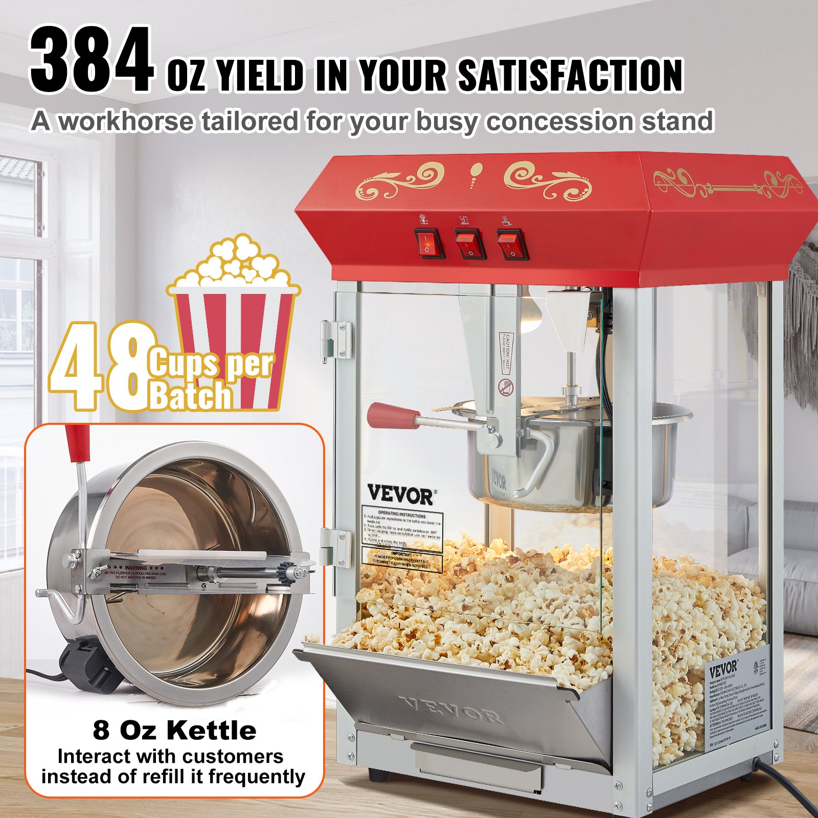 Máquina para hacer palomitas de maíz VEVOR, 48 tazas por lote con un hervidor de 8 oz, que produce 384 oz de palomitas de maíz.