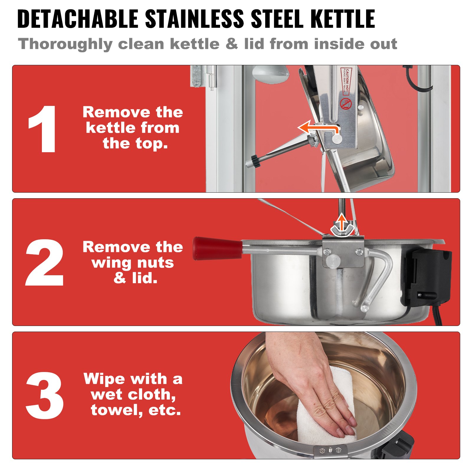 Máquina para hacer palomitas de maíz VEVOR, pasos para limpiar, hervidor de acero inoxidable desmontable con instrucciones en rojo.