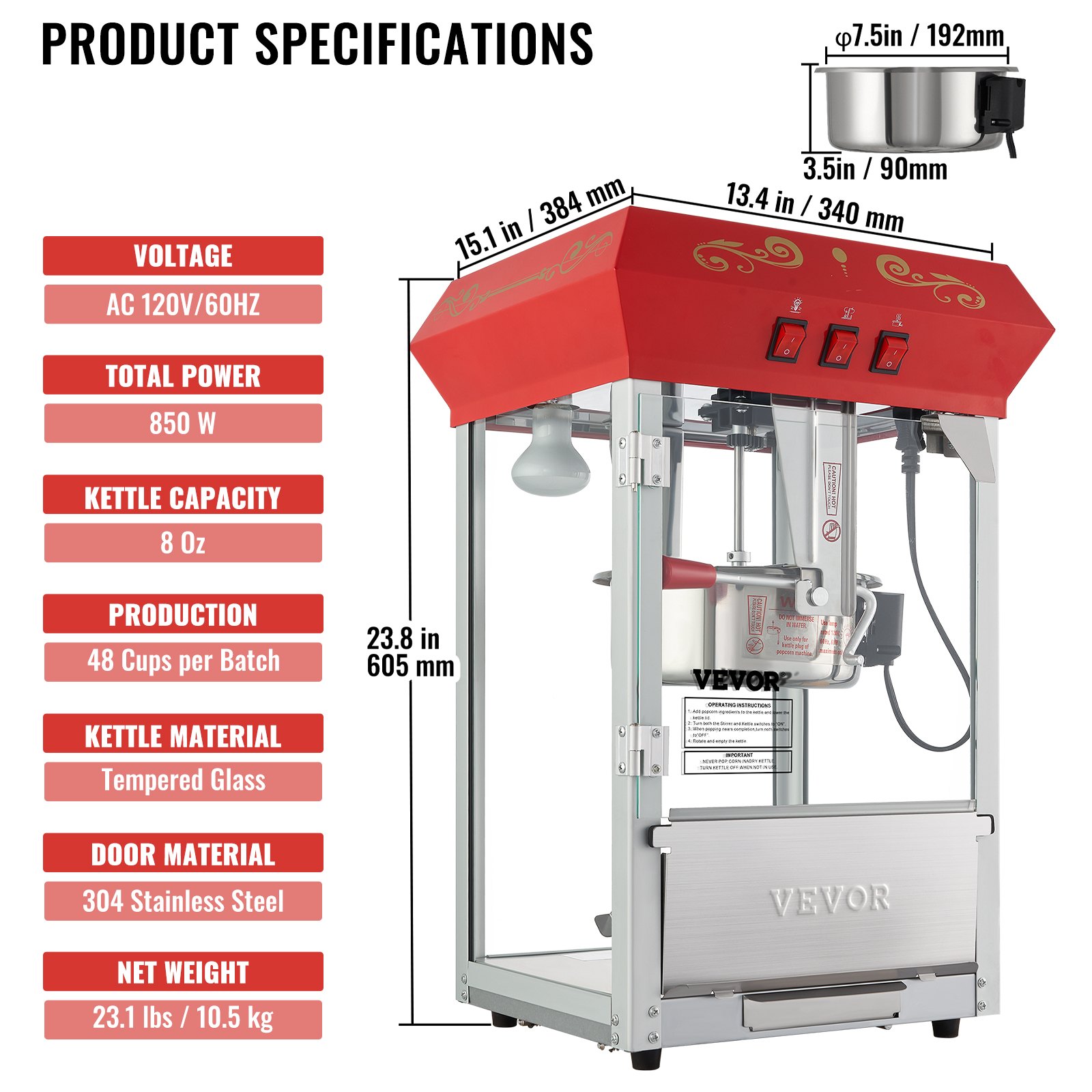 Máquina para hacer palomitas de maíz VEVOR con 850 W de potencia, capacidad de 8 oz y construcción de acero inoxidable 304.