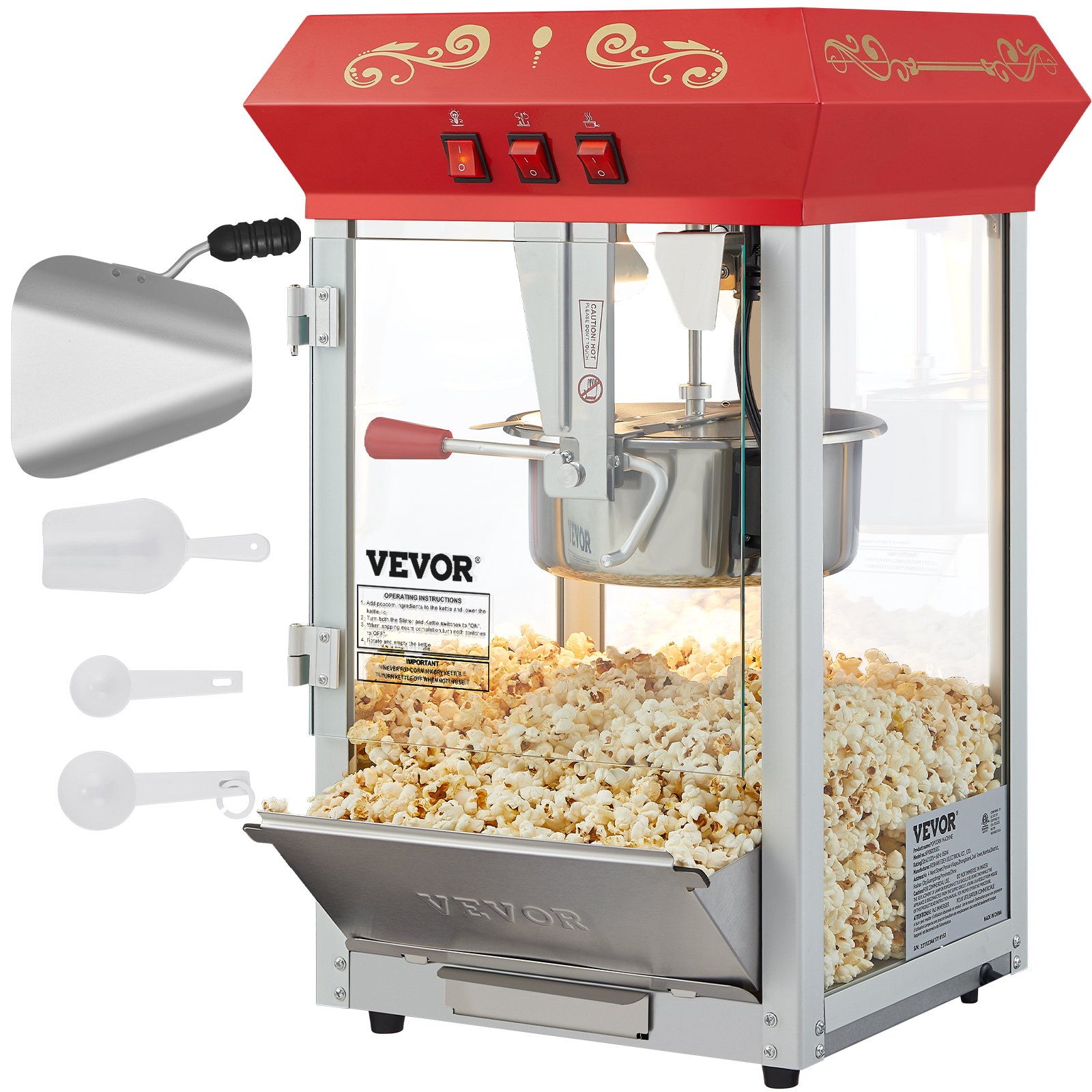 Máquina para hacer palomitas de maíz VEVOR roja con palomitas, cuchara y accesorios.