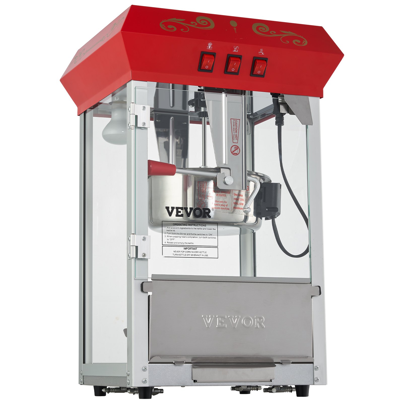 Máquina para hacer palomitas de maíz VEVOR con tapa roja, piezas de acero inoxidable y paredes de vidrio transparente.