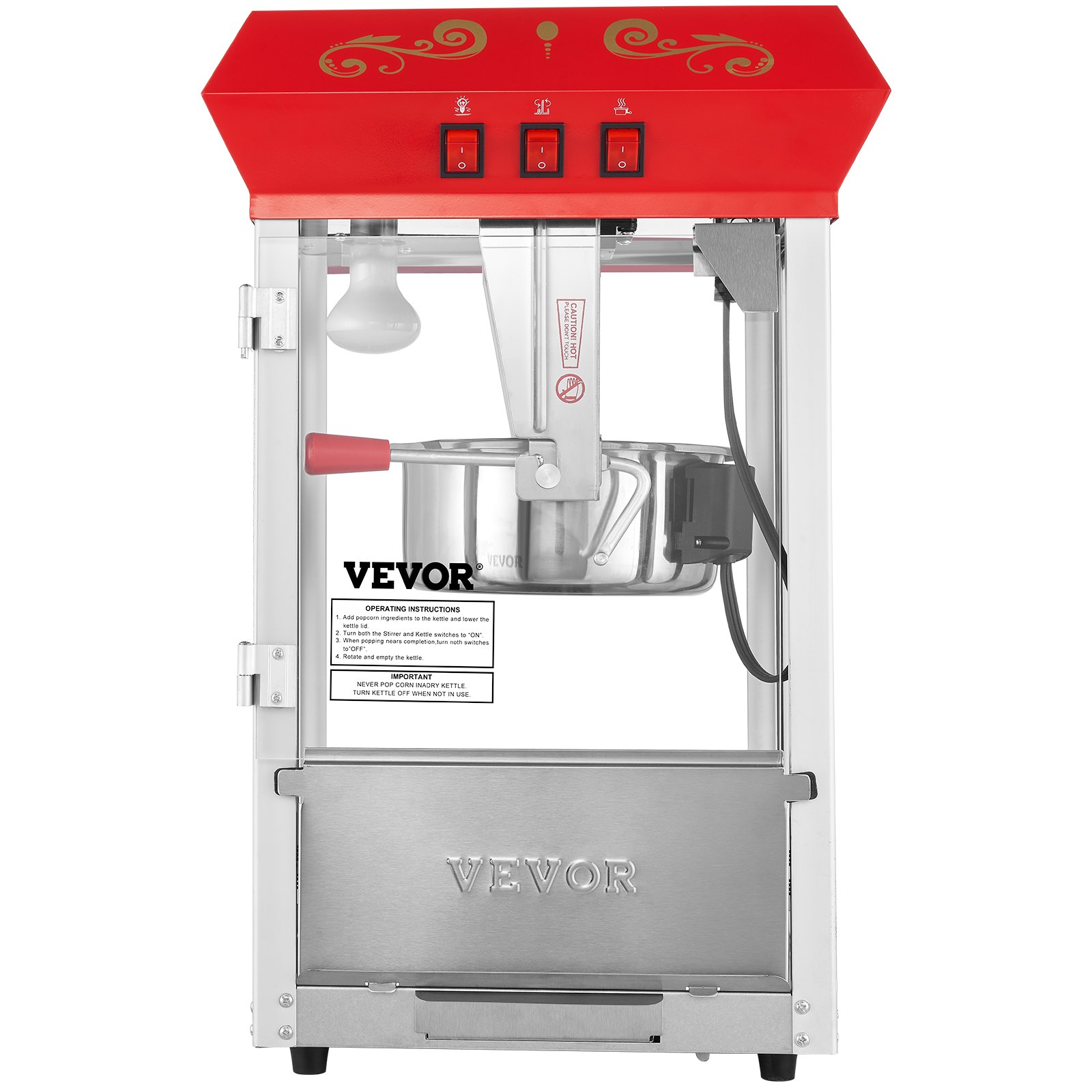 Máquina para hacer palomitas de maíz VEVOR de color rojo y plateado con tres interruptores y hervidor interno.
