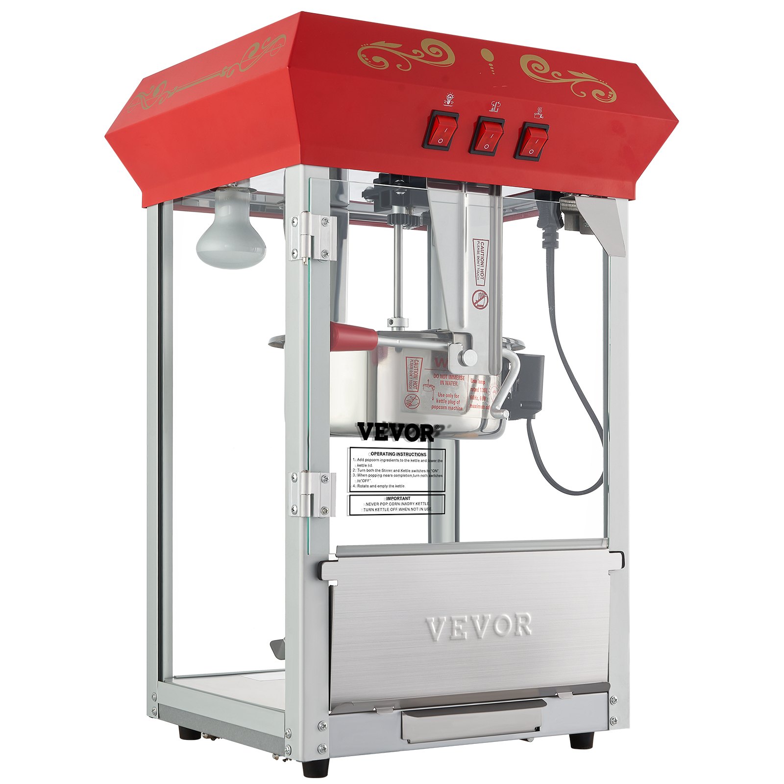 Máquina para hacer palomitas de maíz VEVOR con tapa roja, interior iluminado e interruptores de control.