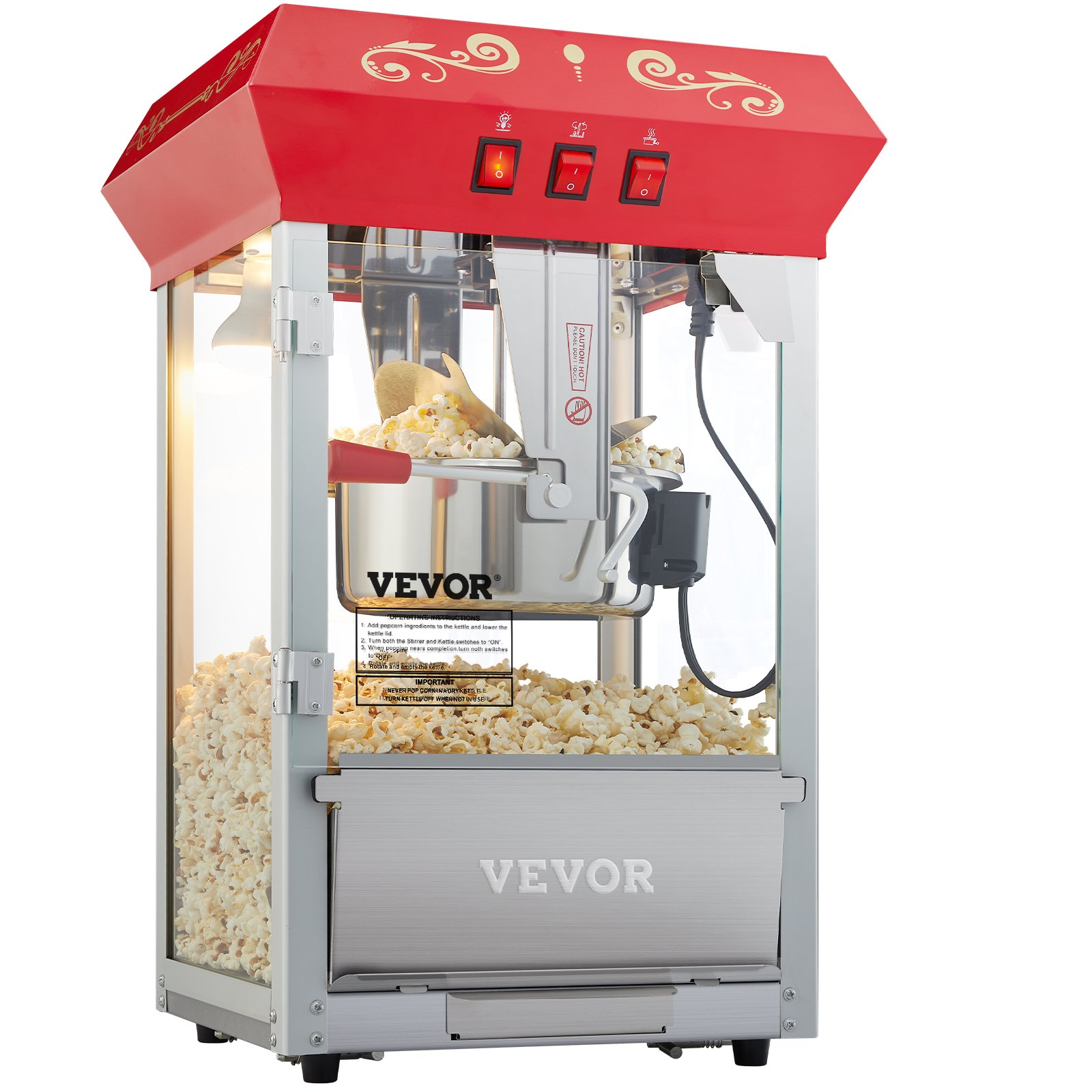 Máquina para hacer palomitas de maíz VEVOR con tapa roja, hervidor de acero inoxidable y palomitas de maíz frescas en el interior.