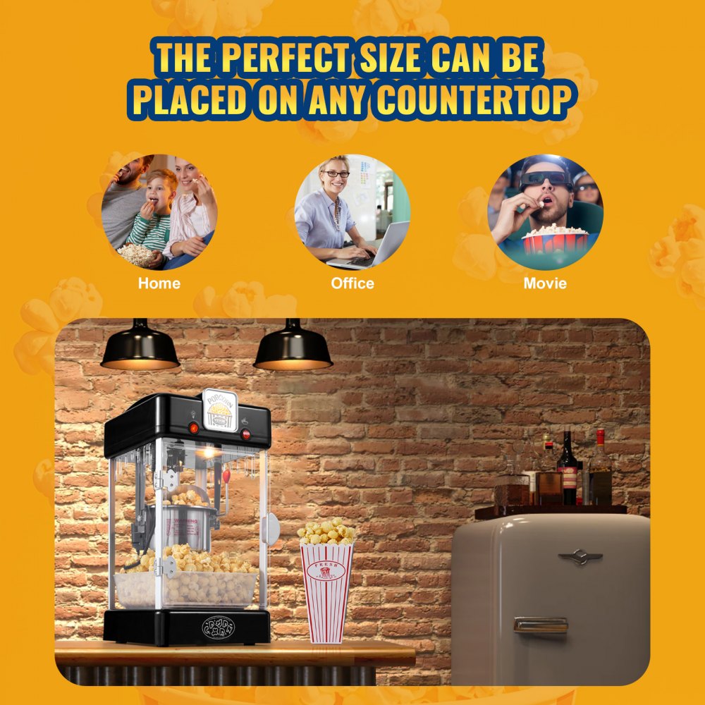 Máquina para hacer palomitas de maíz VEVOR de 300 W, hervidor de 75 ml (2.5 oz), 4 cuartos de galón por tanda, de sobremesa con puerta de polipropileno, incluye 2 palas y bandeja, estilo cine, color negro