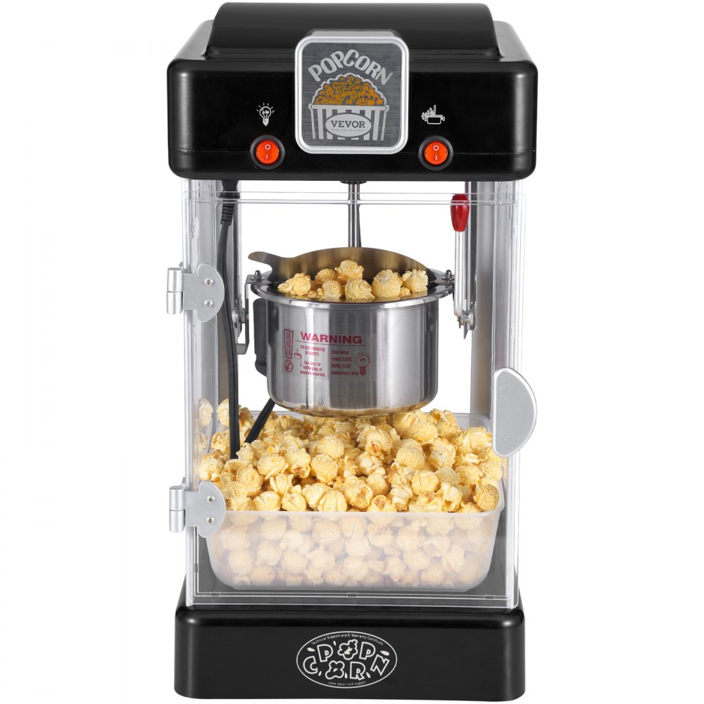 Máquina para hacer palomitas de maíz VEVOR de 300 W, hervidor de 75 ml (2.5 oz), 4 cuartos de galón por tanda, de sobremesa con puerta de polipropileno, incluye 2 palas y bandeja, estilo cine, color negro