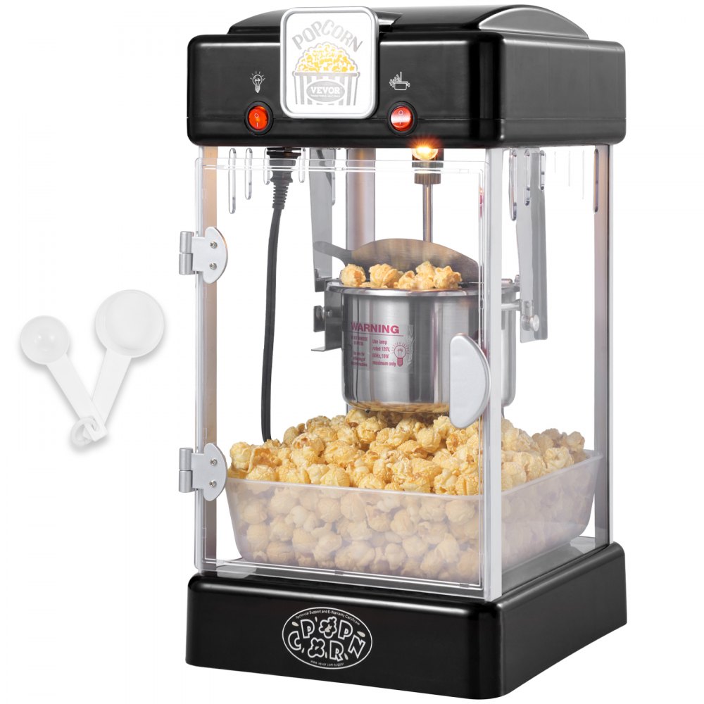 Máquina para hacer palomitas de maíz VEVOR de 300 W, hervidor de 75 ml (2.5 oz), 4 cuartos de galón por tanda, de sobremesa con puerta de polipropileno, incluye 2 palas y bandeja, estilo cine, color negro