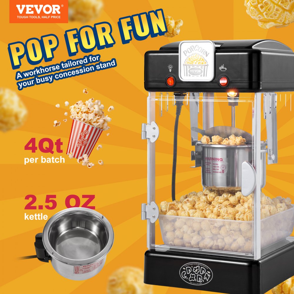 Máquina para hacer palomitas de maíz VEVOR de 300 W, hervidor de 75 ml (2.5 oz), 4 cuartos de galón por tanda, de sobremesa con puerta de polipropileno, incluye 2 palas y bandeja, estilo cine, color negro