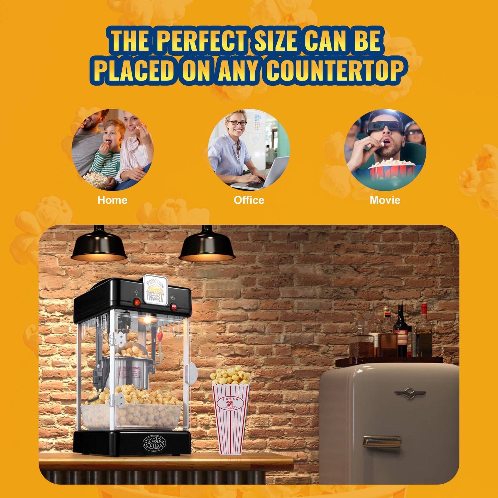 Máquina para hacer palomitas de maíz VEVOR de 300 W, hervidor de 75 ml (2.5 oz), 4 cuartos de galón por tanda, de sobremesa con puerta de polipropileno, incluye 2 palas y bandeja, estilo cine, color negro