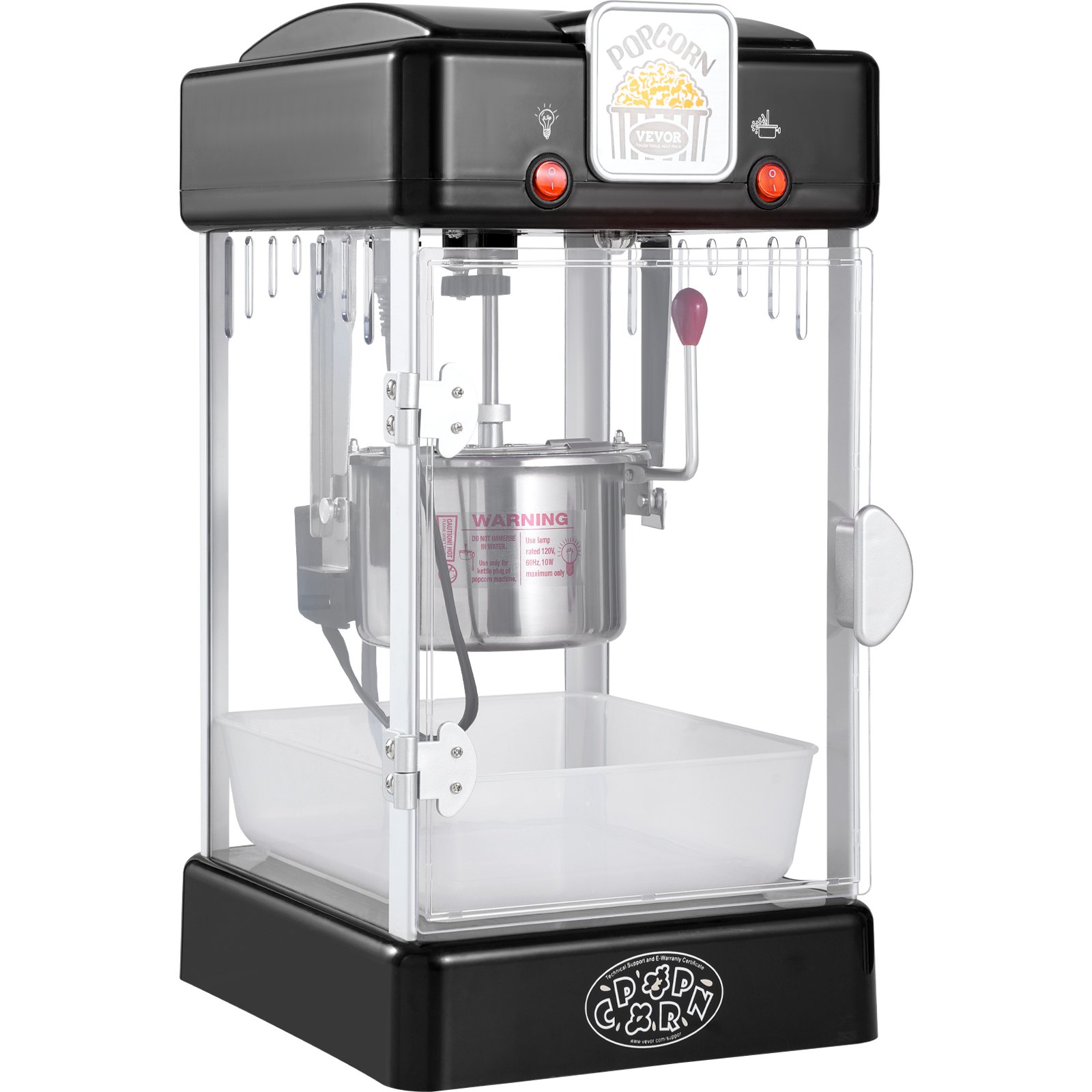 Máquina para hacer palomitas de maíz VEVOR de 300 W, hervidor de 75 ml (2.5 oz), 4 cuartos de galón por tanda, de sobremesa con puerta de polipropileno, incluye 2 palas y bandeja, estilo cine, color negro
