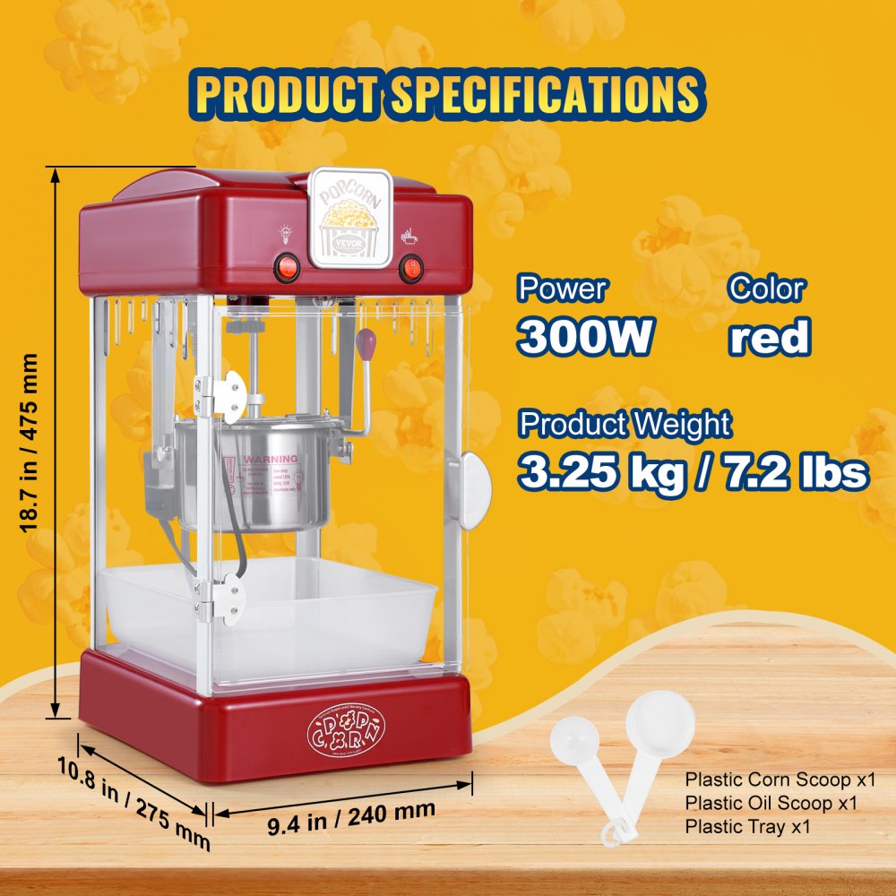 Máquina para hacer palomitas de maíz VEVOR, de sobremesa, 300 W, 2,5 oz, color rojo
