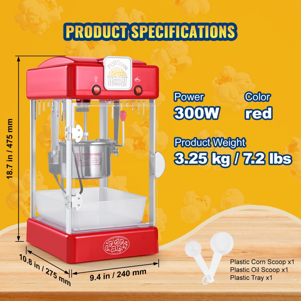 Máquina para hacer palomitas de maíz VEVOR de 300 W, hervidor de 75 ml (2.5 oz), 4 cuartos de galón por tanda, de sobremesa con puerta de polipropileno, incluye 2 palas y bandeja, estilo cine, color rojo