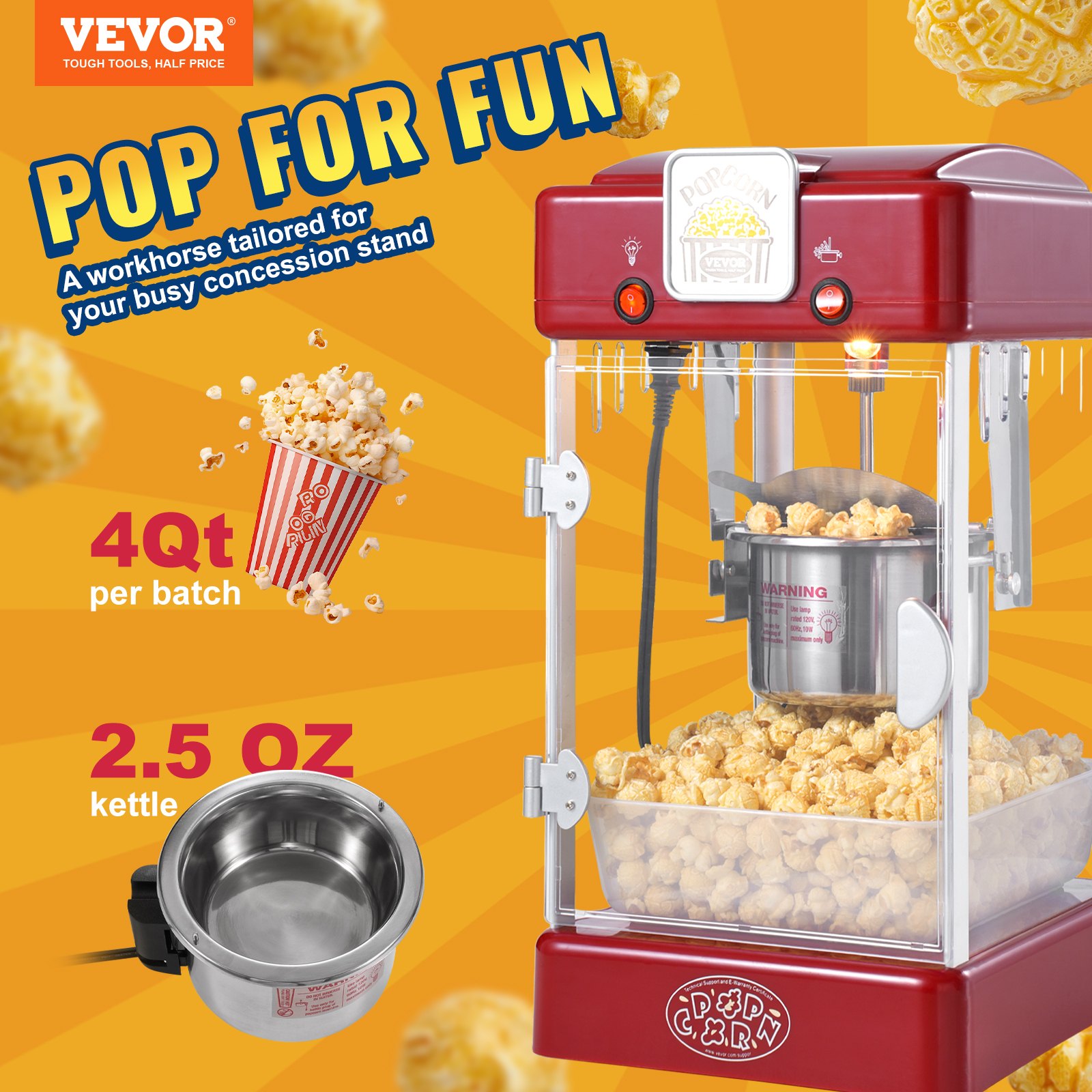 Máquina para hacer palomitas de maíz VEVOR, de sobremesa, 300 W, 2,5 oz, color rojo