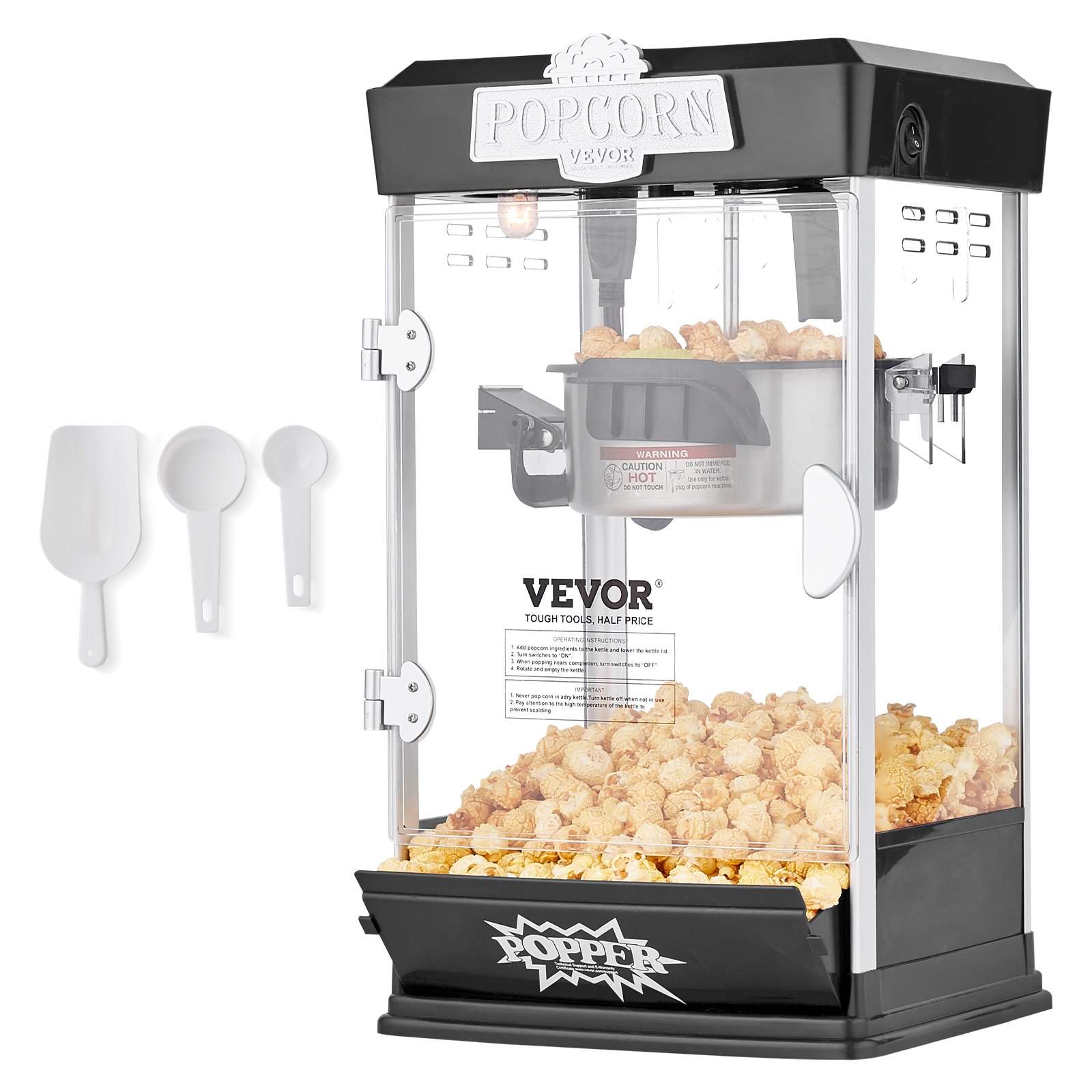 Máquina para hacer palomitas VEVOR de 480 W, hervidor de 113 g, 1.5 galones por tanda, palomitera de sobremesa, incluye 3 palas, estilo cine, color negro