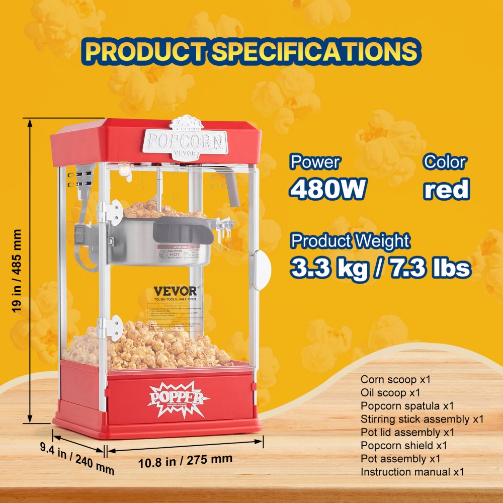 Máquina para hacer palomitas VEVOR, 480 W, hervidor de 113 g, 1,5 galones por tanda, de sobremesa, incluye 3 palas, estilo cine, color rojo