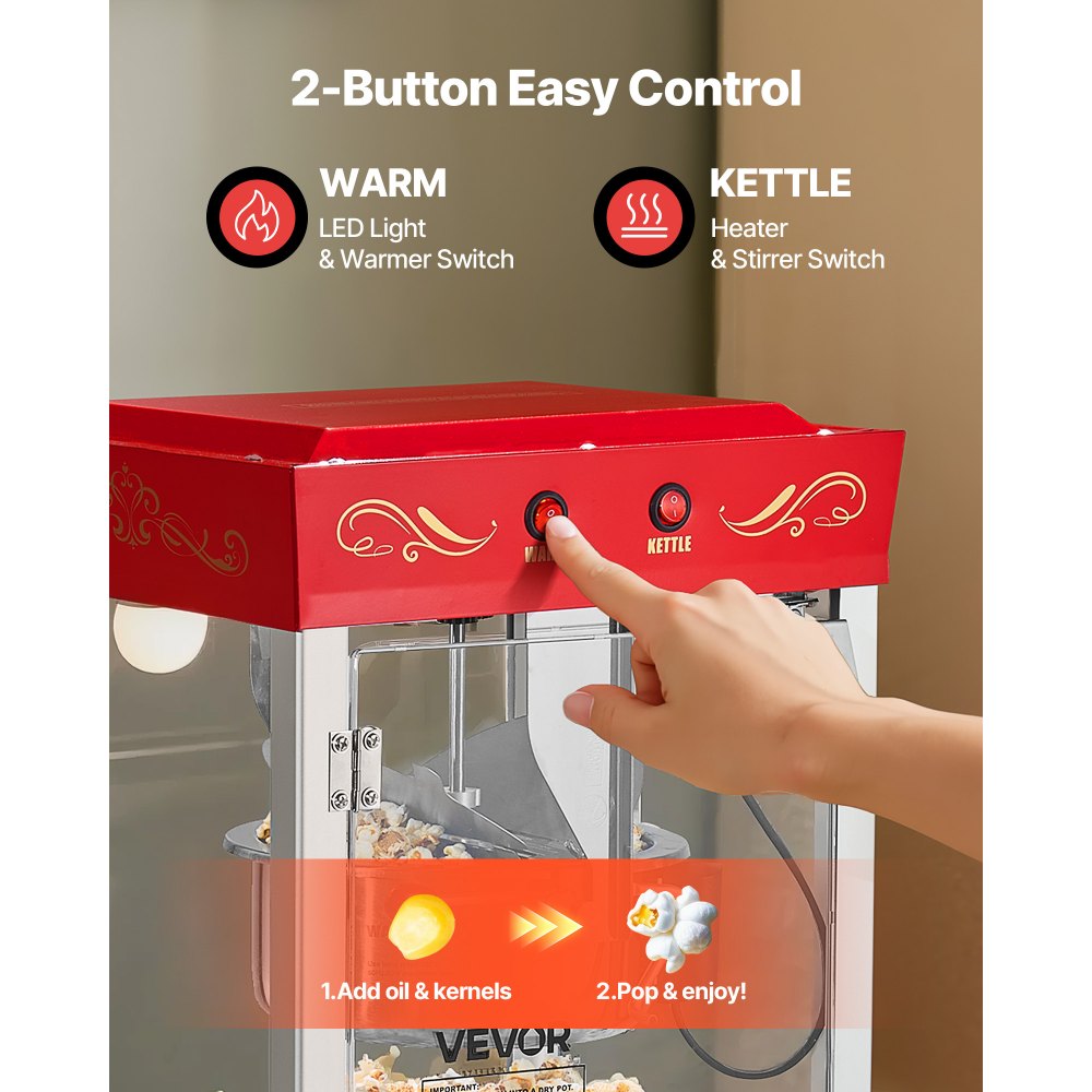 Máquina de palomitas VEVOR, hervidor de acero inoxidable de 226 ml, 800 W, para mostrador, para uso comercial, 48 tazas por lote, estilo cine, con control de 2 botones, puerta de PC con panel de vidrio, 1 cucharada y 3 cucharas, color rojo