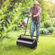 Rodillo para césped VEVOR, rodillo para jardín lleno de arena/agua de 13 galones, rodillo para césped de acero con enchufe de fácil giro y mango ergonómico en forma de U para empujar y tirar cómodamente, para césped, jardín, granja, parque, negro