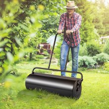 Rodillo para césped VEVOR, rodillo para jardín lleno de arena/agua de 17 galones, rodillo para césped de acero con enchufe de fácil giro y mango ergonómico en forma de U para empujar y tirar cómodamente, para césped, jardín, granja, parque, negro