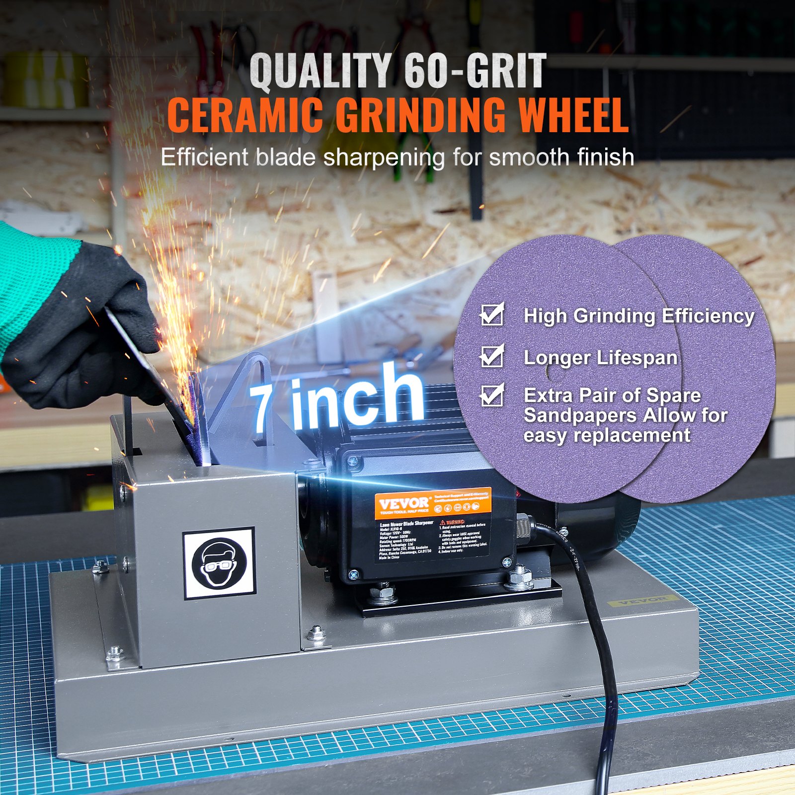 Afilador de cuchillas para cortacésped VEVOR, 2/3 HP, 500 W, con muela de cerámica de 7 pulgadas, potente afiladora de banco para cuchillas de elevación alta/baja, cuchillas Gator y cuchillas planas.