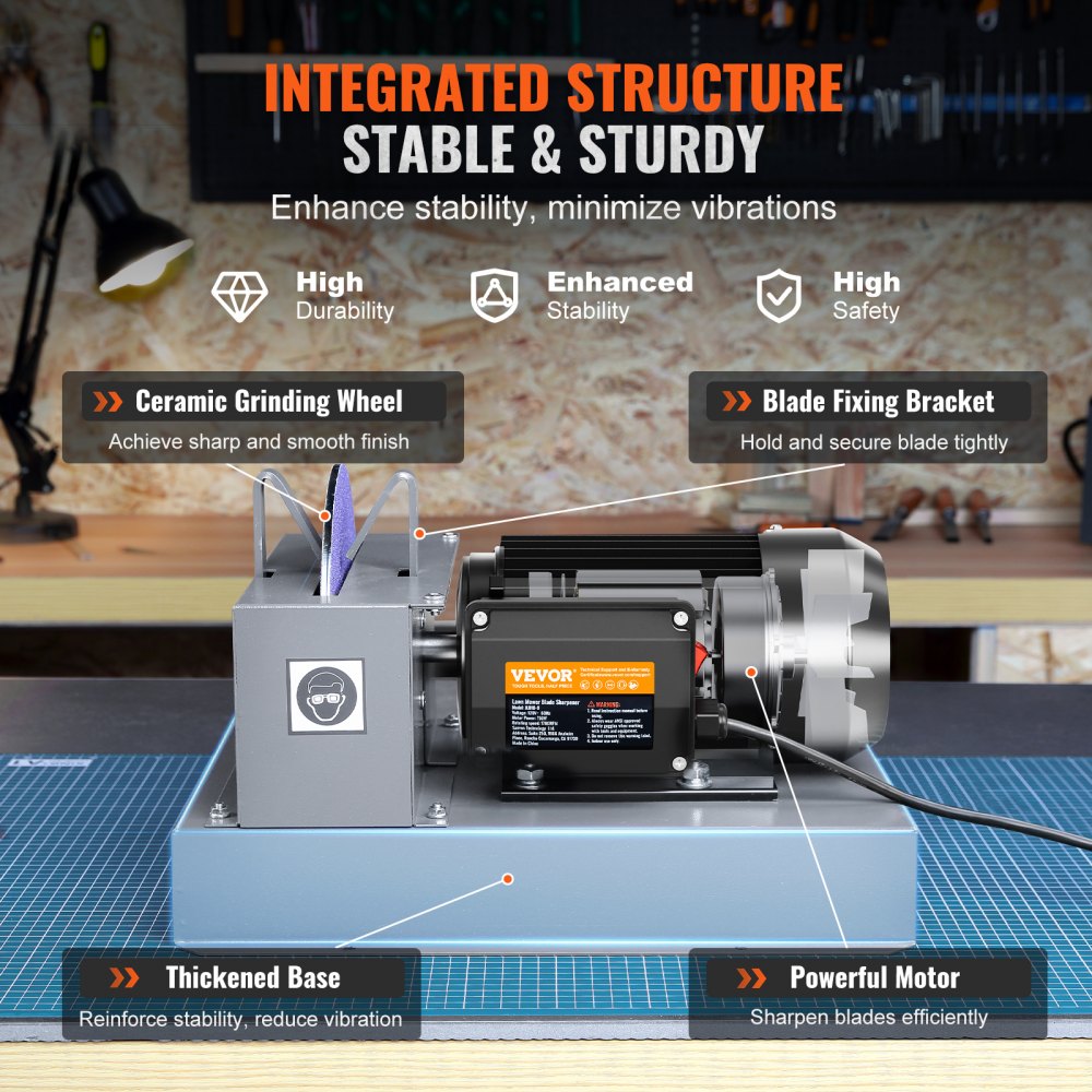 Afilador de cuchillas para cortacésped VEVOR, 1 HP, 750 W, con muela de cerámica de 9 pulgadas, potente afiladora de banco para cuchillas de elevación alta/baja, cuchillas Gator y cuchillas planas.