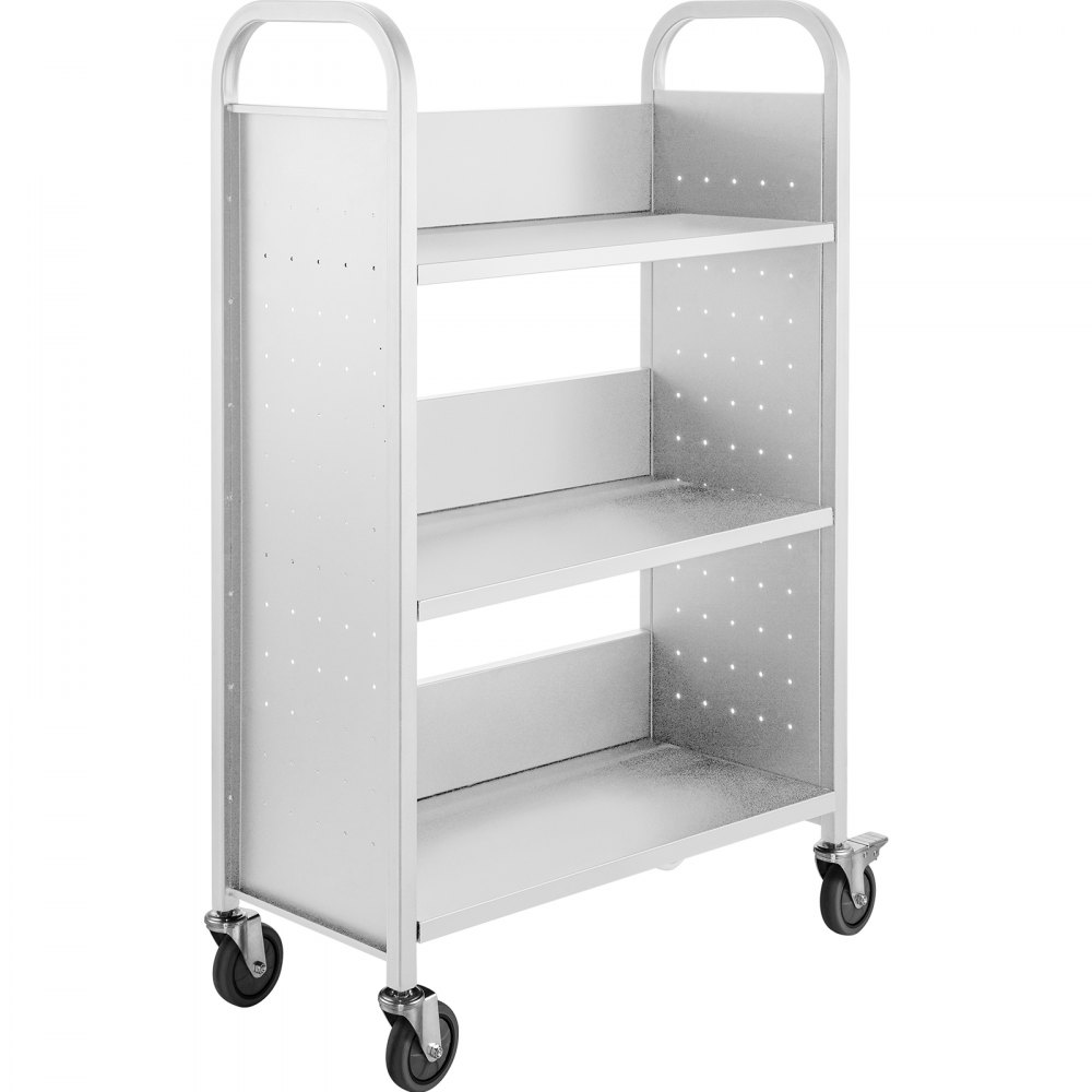Carrito para libros VEVOR gris de tres estantes con ruedas y laterales perforados.