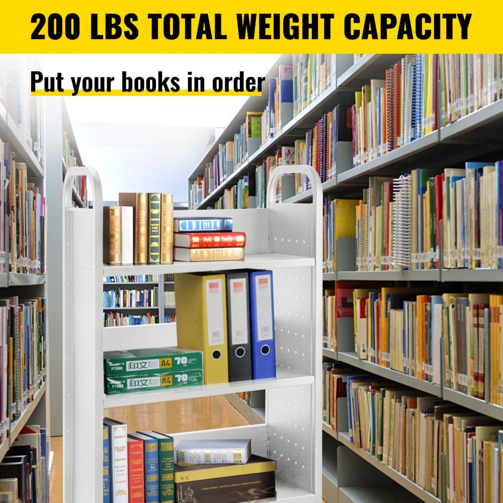 Pasillos de la biblioteca con un carrito de libros VEVOR que contiene libros y carpetas, con capacidad para 200 libras.
