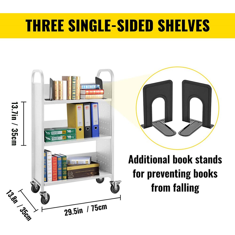 Carro para libros VEVOR con tres estantes de un solo lado y soportes para libros adicionales.