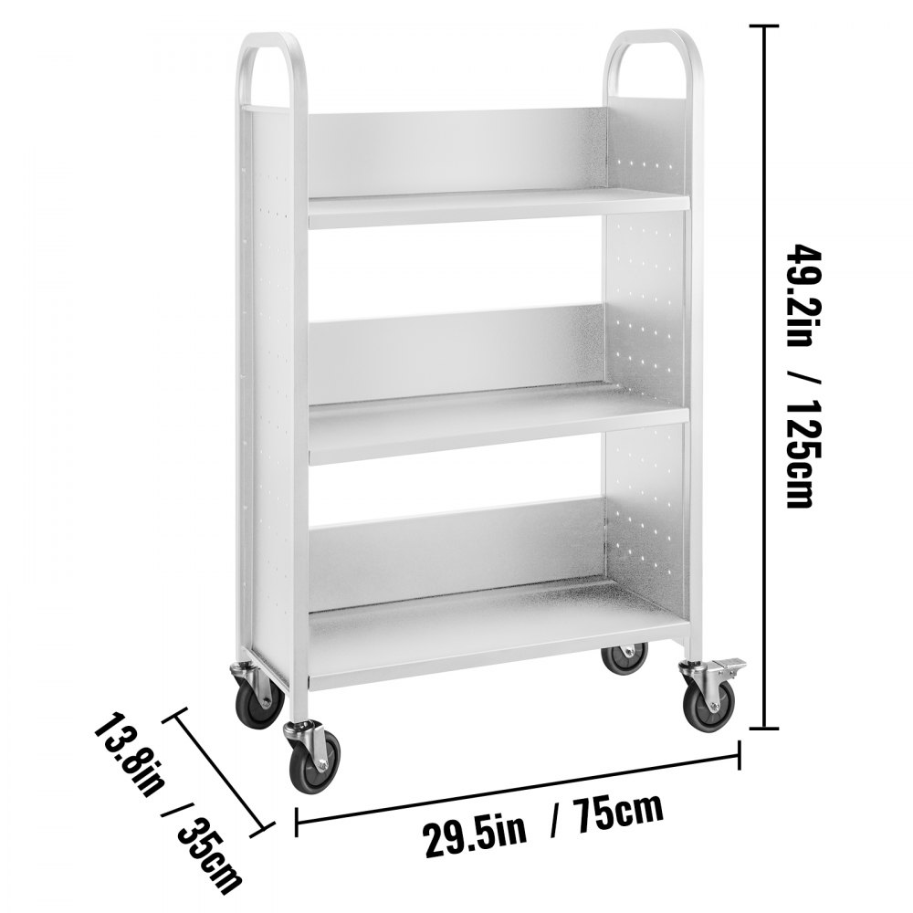 Carrito para libros VEVOR de 3 niveles con asas y ruedas; dimensiones: 49,2 x 29,5 x 13,8 pulgadas.