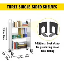 Carrito de libros VEVOR, carrito de biblioteca de 200 libras, carrito de libros rodante de 30 x 14 x 49 pulgadas, estantes planos en forma de L de un solo lado con ruedas bloqueables de 4 pulgadas, para estantes del hogar, oficina y camión de libros escolares en blanco