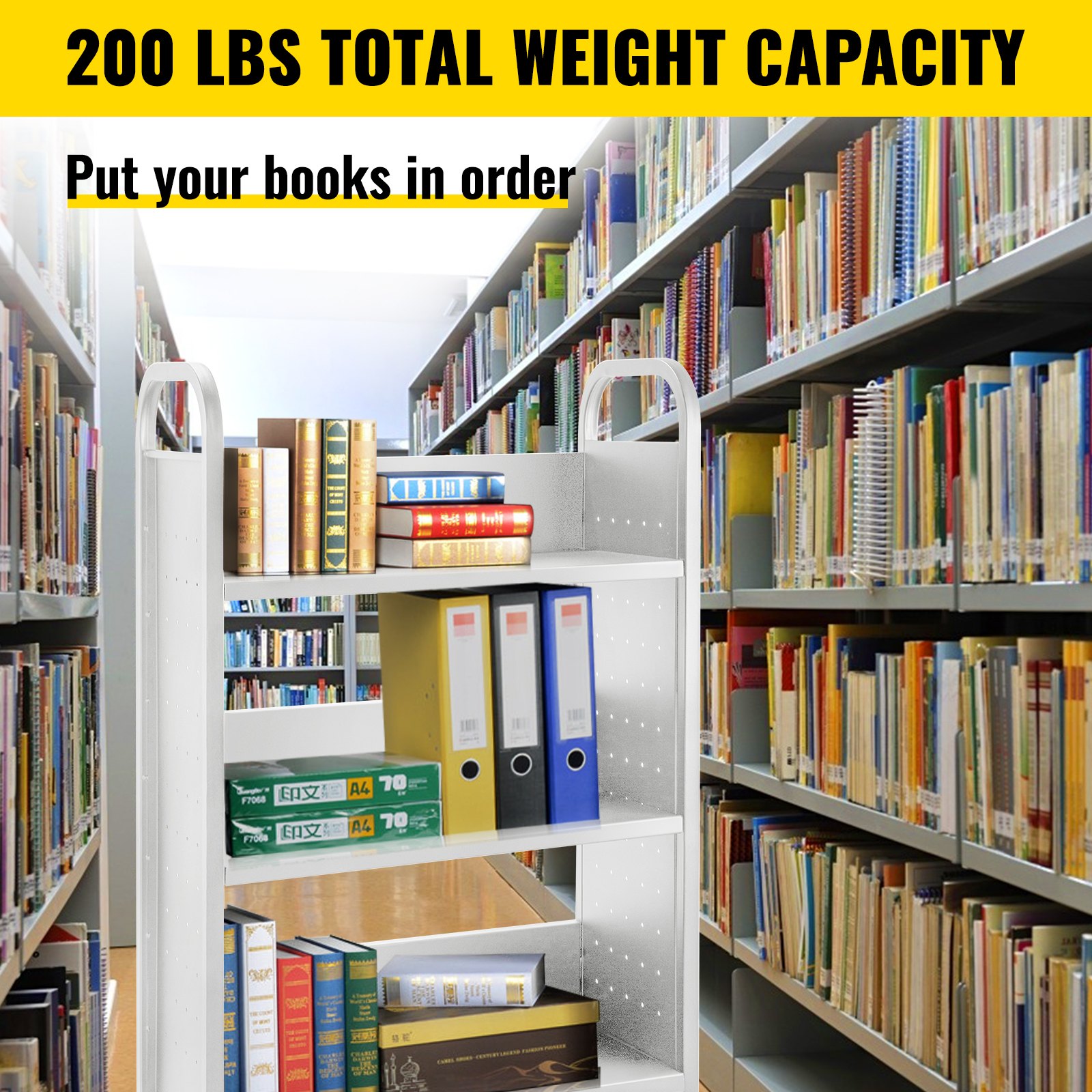 Pasillos de la biblioteca con un carrito de libros VEVOR que contiene libros y carpetas, con capacidad para 200 libras.