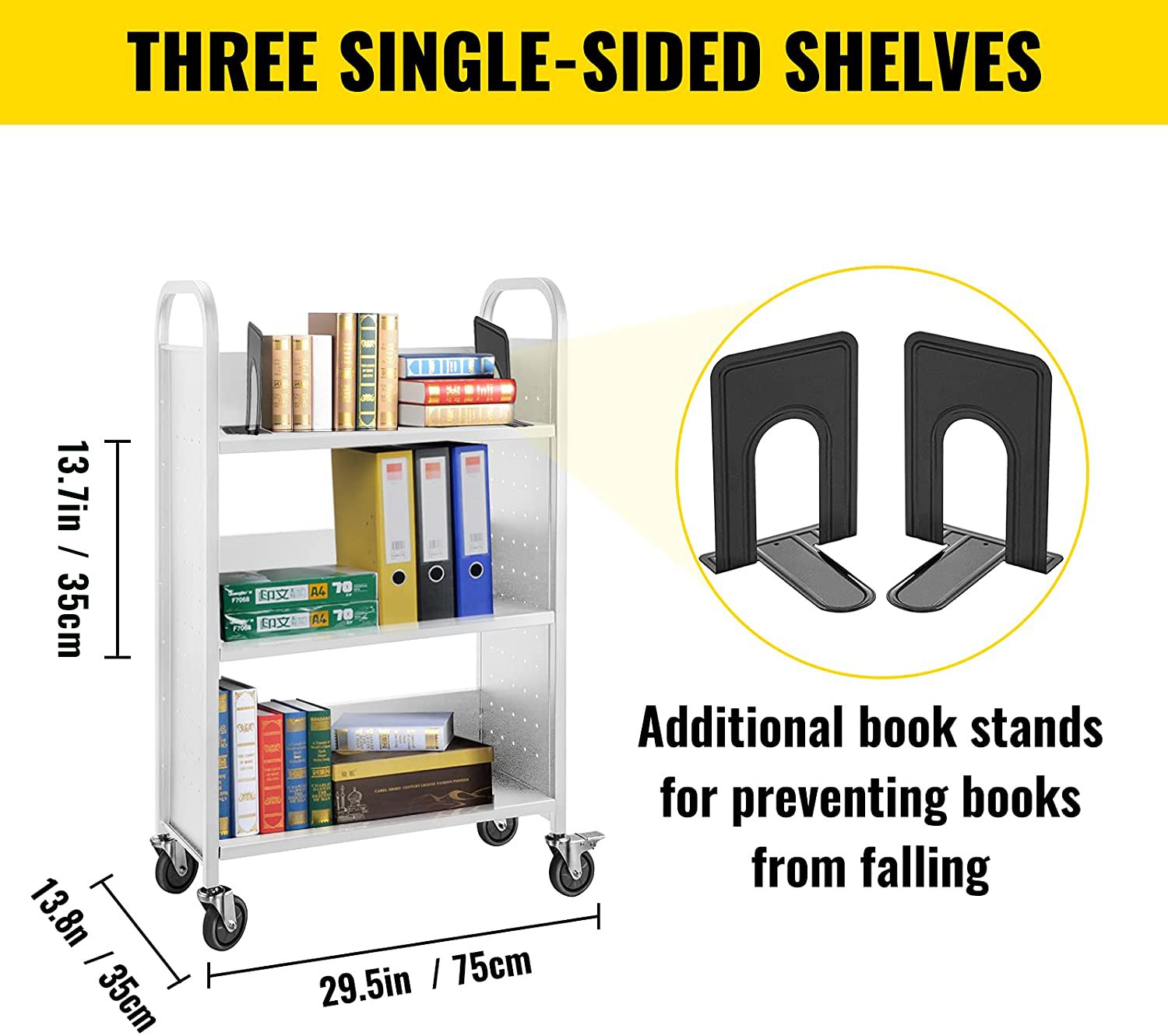 Carro para libros VEVOR con tres estantes de un solo lado y soportes para libros adicionales.