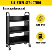 Carrito para libros Carrito para biblioteca de 200 lb con estantes inclinados en forma de L de un solo lado en negro