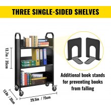 Carrito para libros Carrito para biblioteca de 200 lb con estantes inclinados en forma de L de un solo lado en negro