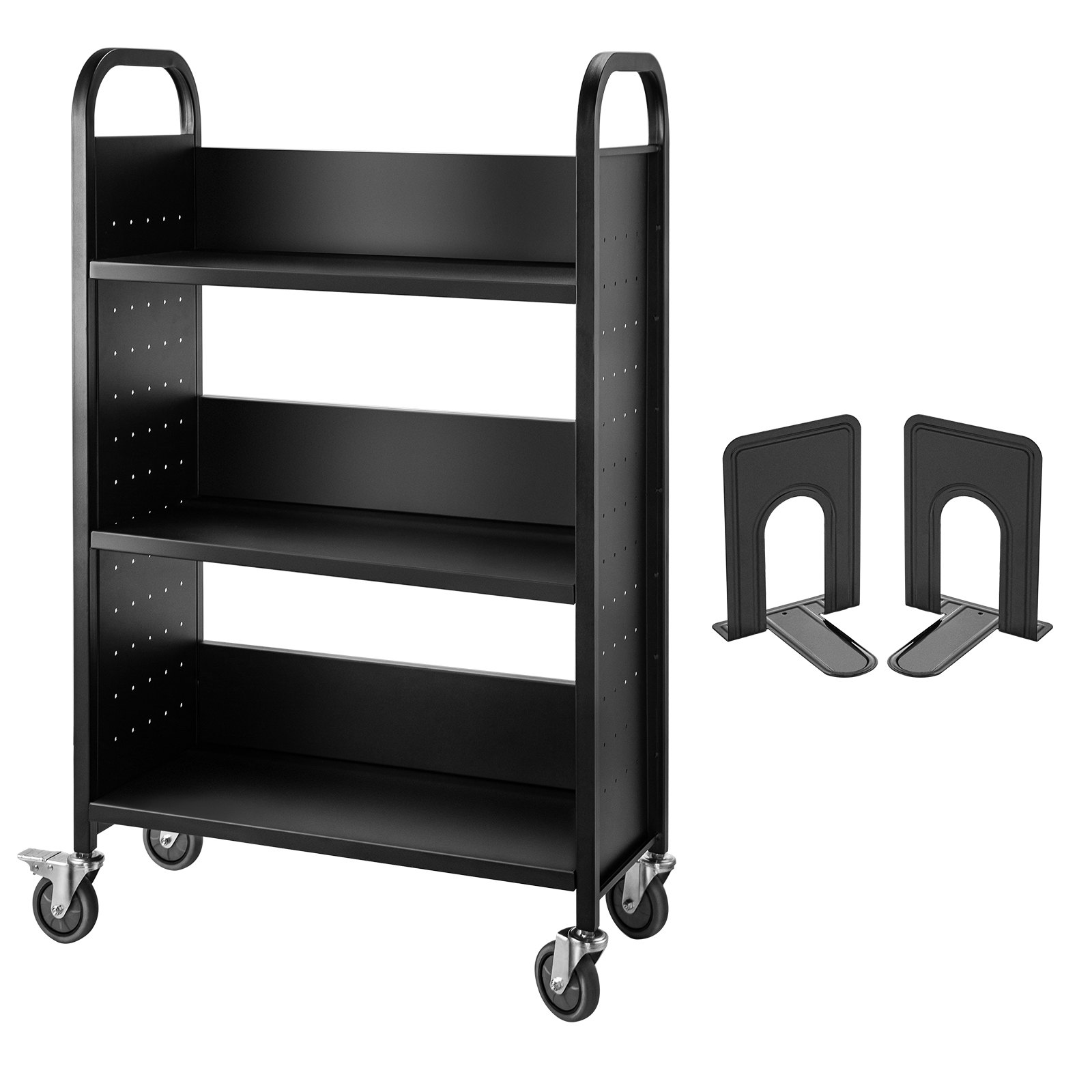VEVOR - Carrito para libros de 90 kg, 76 x 35 x 124 cm, con ruedas de 10 cm y estantes planos en forma de L, ideal para el hogar, la oficina y la escuela, color negro