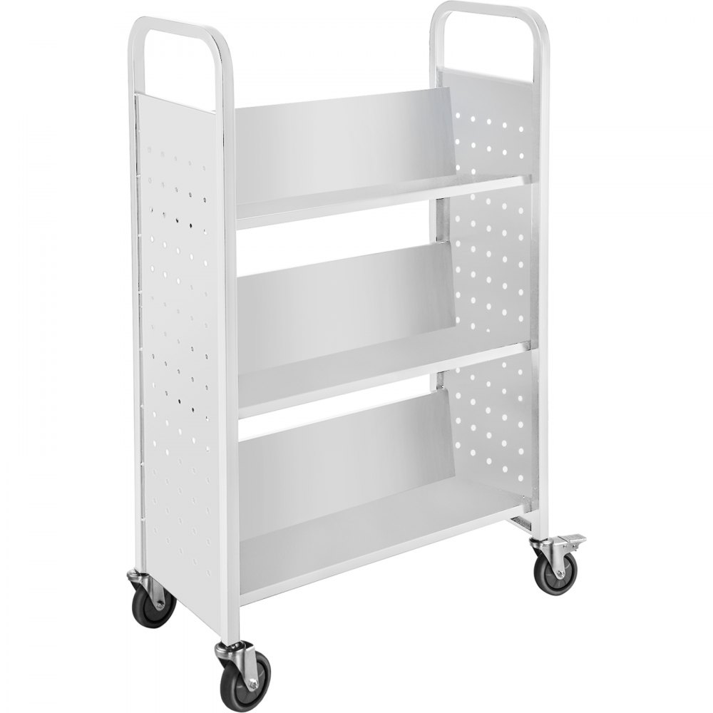 Carro de libros VEVOR blanco con tres estantes y cuatro ruedas giratorias.