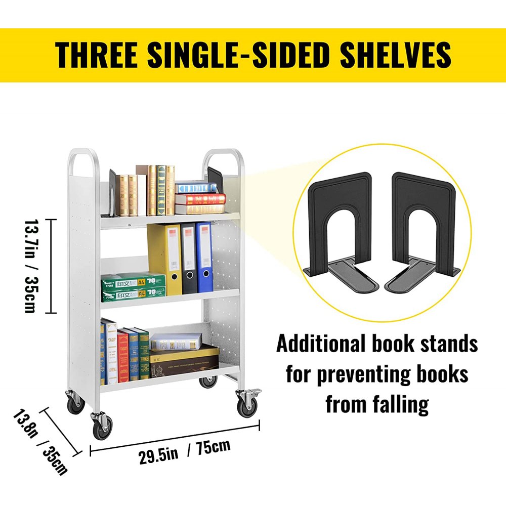 Carro de libros VEVOR con tres estantes, dimensiones y soportes para libros.