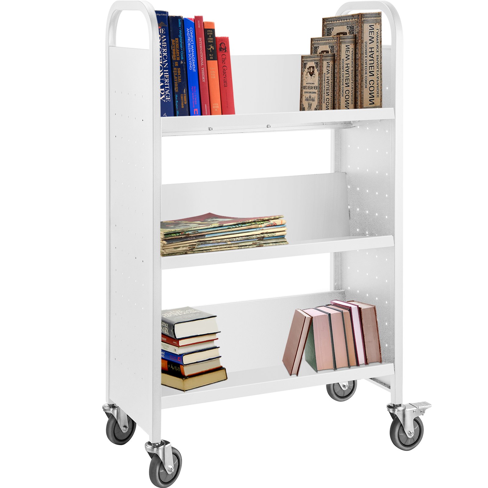 Carrito de libros VEVOR blanco con libros y revistas en tres estantes con ruedas.