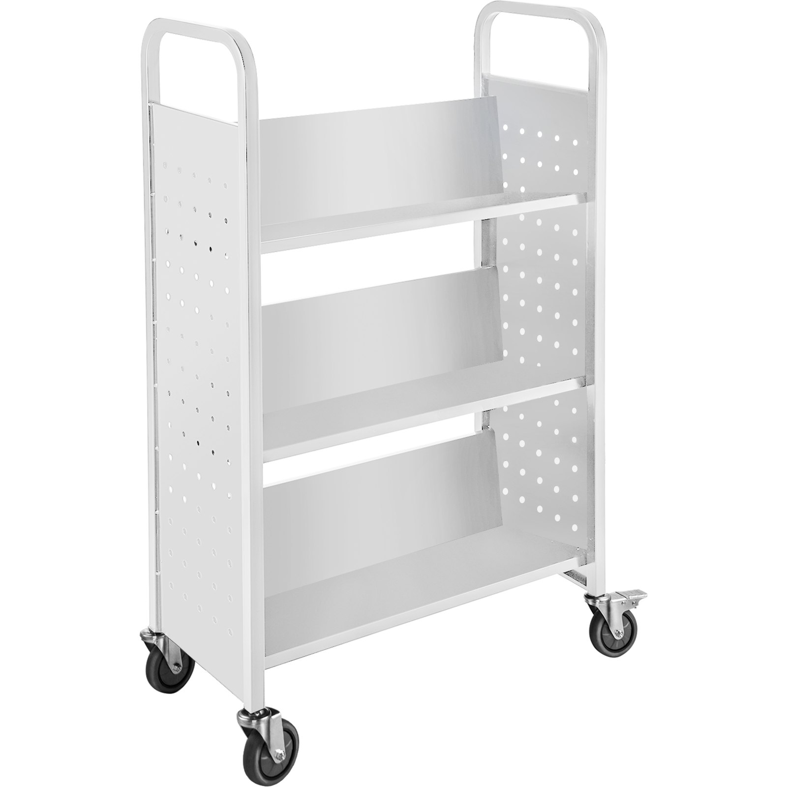 Carro de libros VEVOR blanco con tres estantes y cuatro ruedas giratorias.