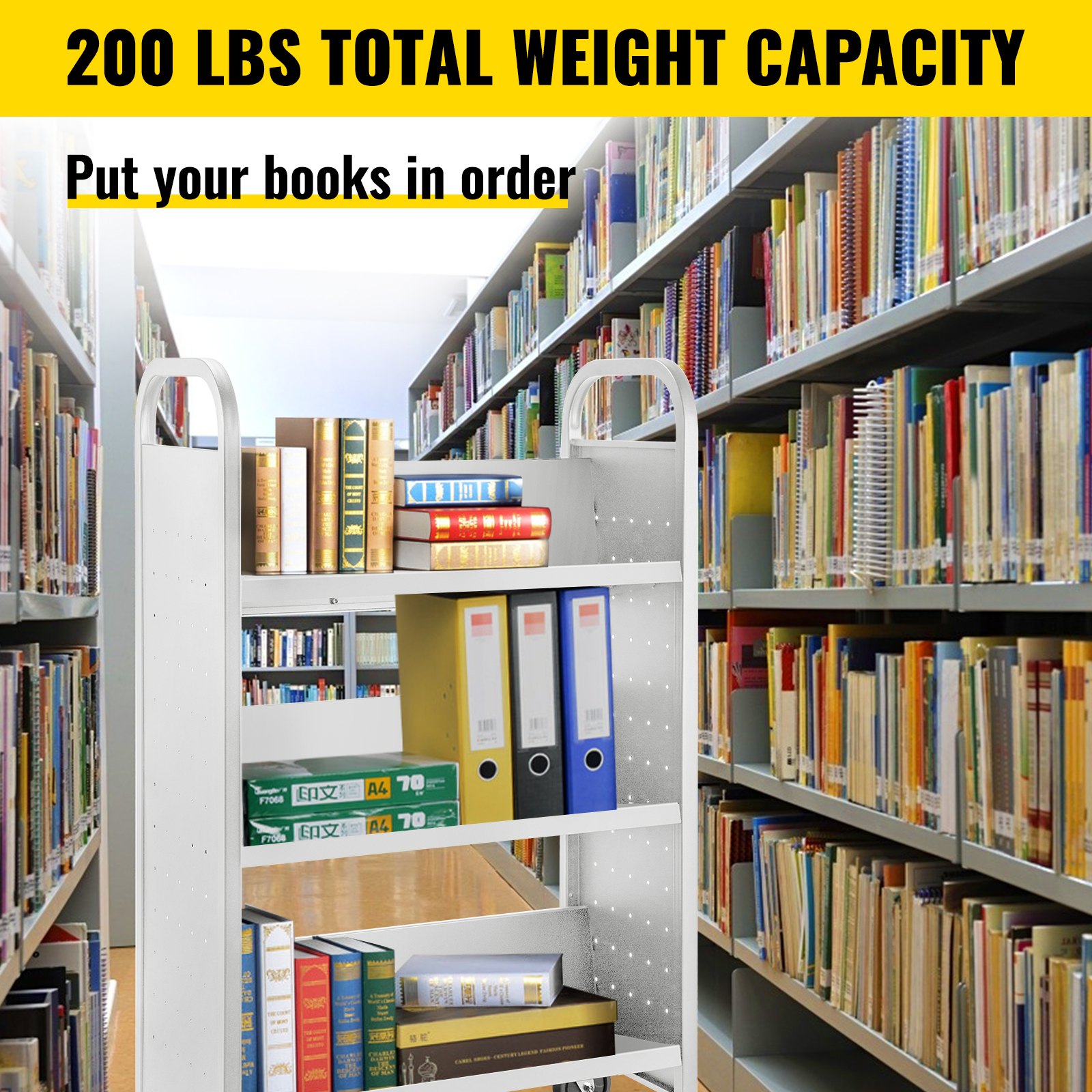 Biblioteca con un carrito de libros VEVOR que contiene libros y carpetas en un estante con capacidad de peso de 200 libras.