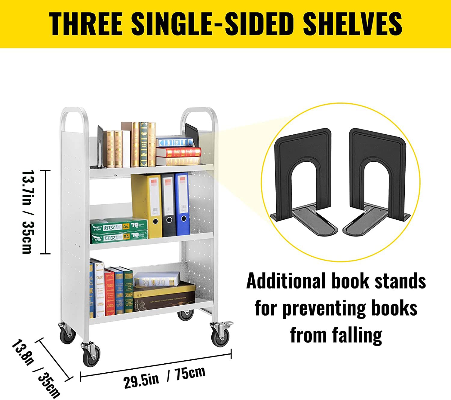 Carro de libros VEVOR con tres estantes, dimensiones y soportes para libros.