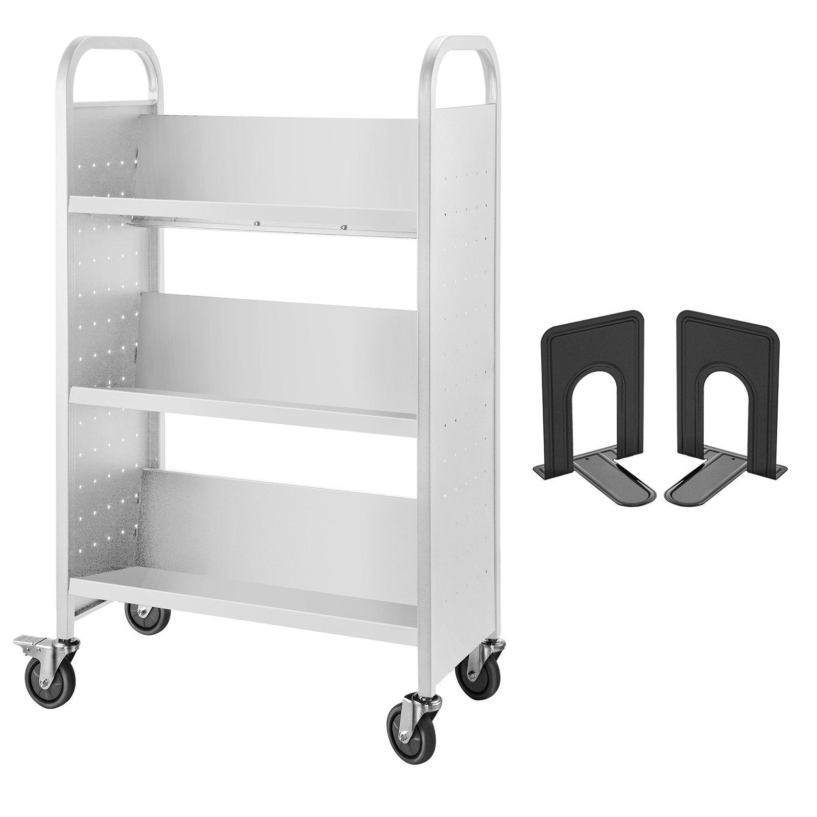 Carro para libros VEVOR con tres estantes y cuatro ruedas giratorias, mostrado con dos sujetalibros negros.
