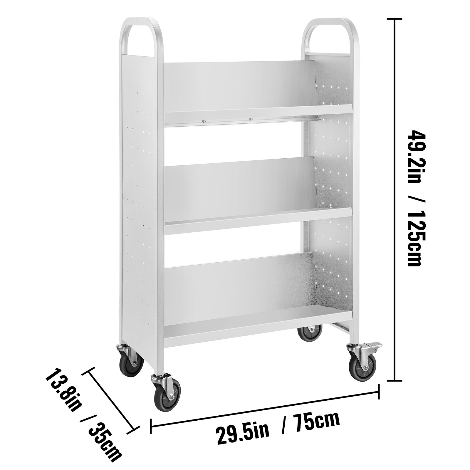 VEVOR - Carrito para libros de 90 kg, 125 x 75 x 35 cm, con ruedas de 10 cm y estantes inclinados en forma de V, ideal para el hogar, la oficina y la escuela, color blanco