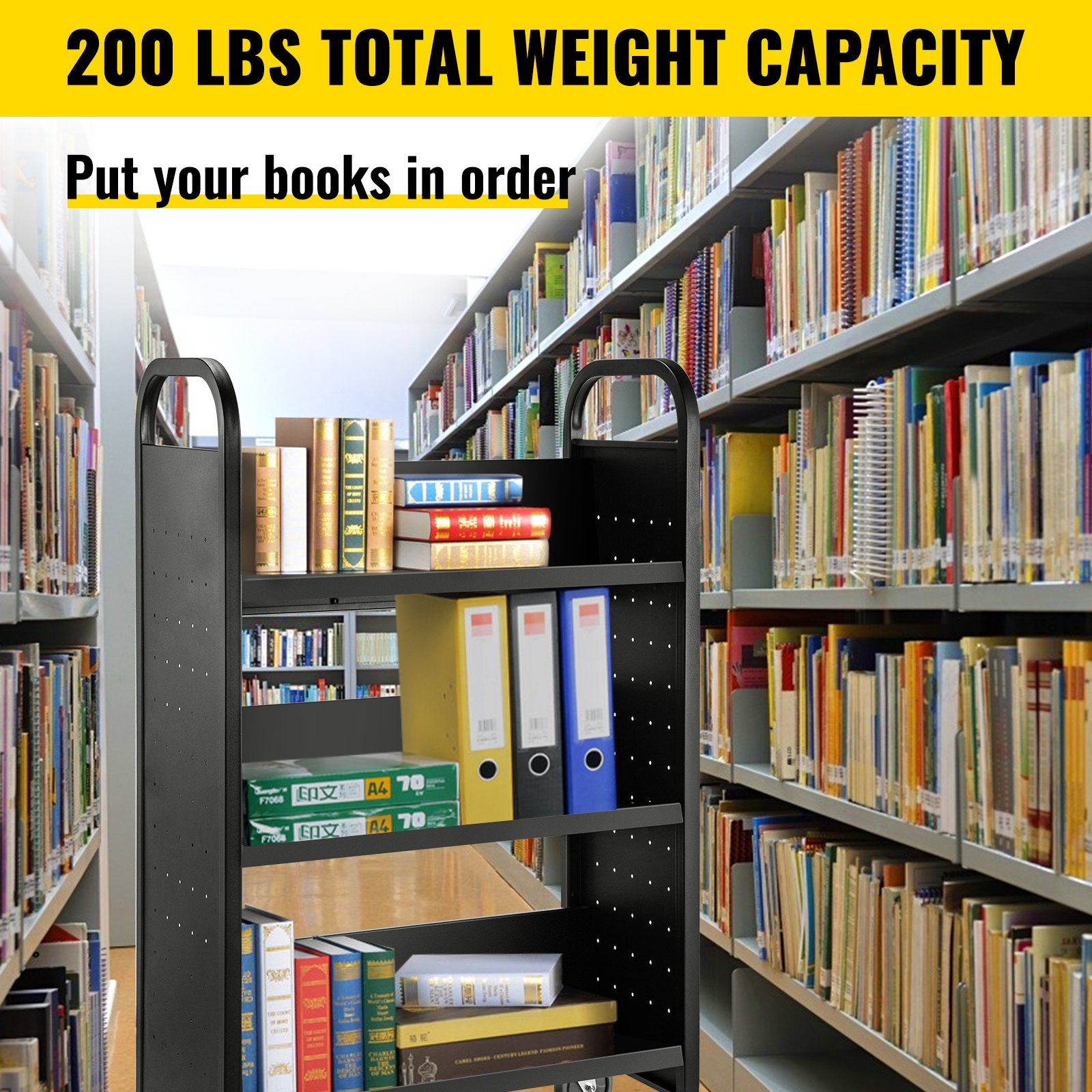 Carrito para libros Carrito para biblioteca de 200 lb con estantes inclinados en forma de V de un solo lado en negro