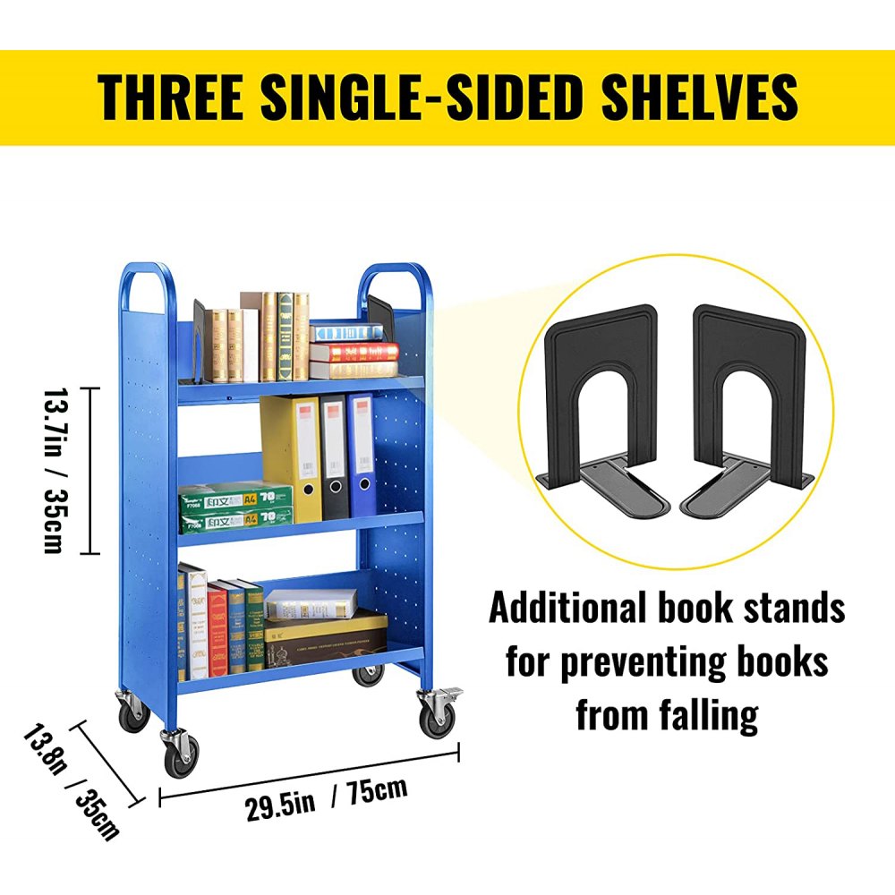 Carrito para libros Carrito para biblioteca de 200 lb con estantes inclinados en forma de V de un solo lado en azul