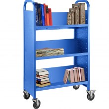 Carrito para libros Carrito para biblioteca de 200 lb con estantes inclinados en forma de V de un solo lado en azul