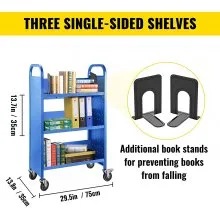 Carrito para libros Carrito para biblioteca de 200 lb con estantes inclinados en forma de V de un solo lado en azul