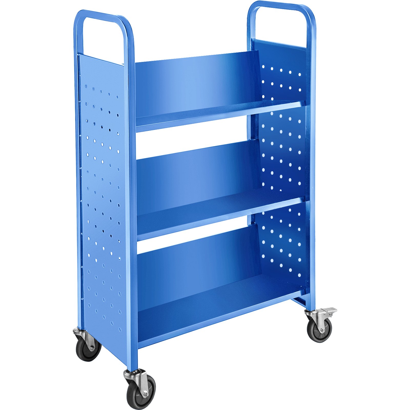 Carrito para libros Carrito para biblioteca de 200 lb con estantes inclinados en forma de V de un solo lado en azul