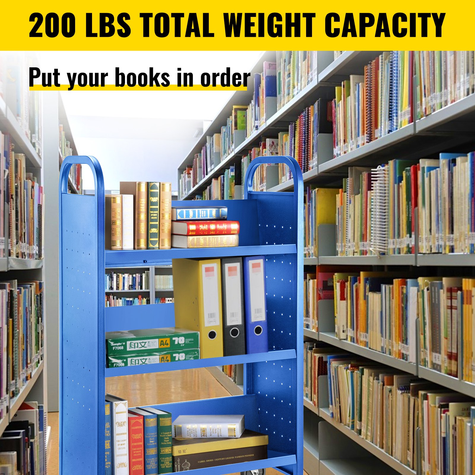 Carrito para libros Carrito para biblioteca de 200 lb con estantes inclinados en forma de V de un solo lado en azul