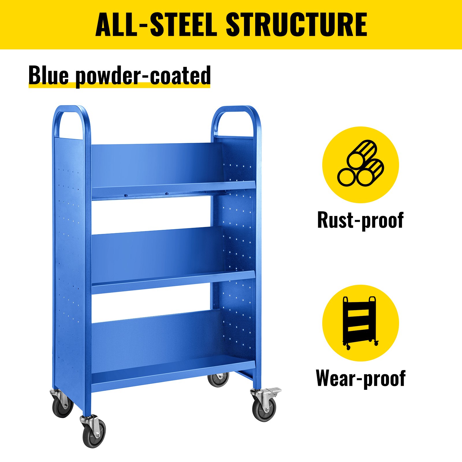 Carrito para libros Carrito para biblioteca de 200 lb con estantes inclinados en forma de V de un solo lado en azul